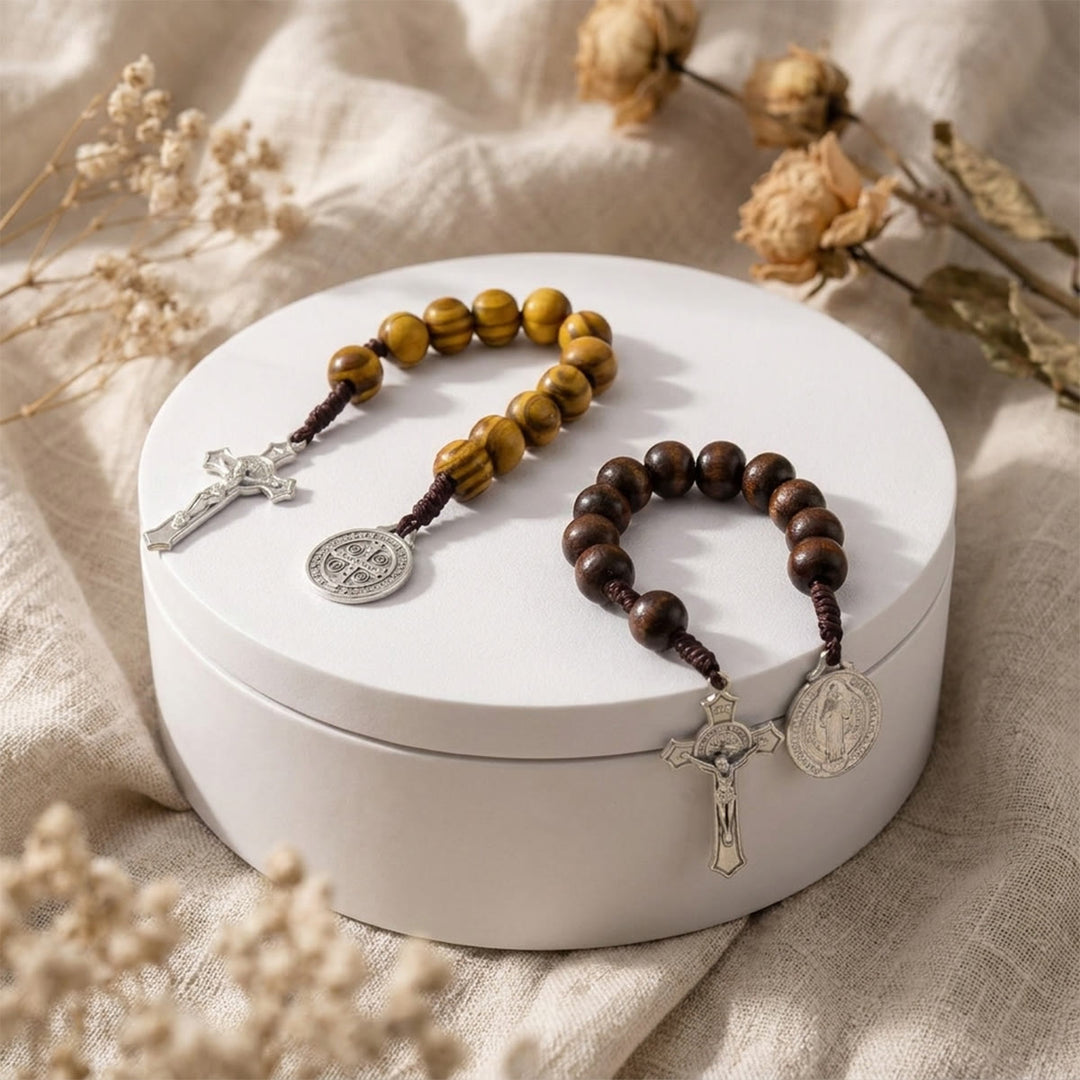 Christianartworkshop Striped Wood Bead Car Hanging With Jesus Crucifix & Holy Figure Medal: Emblem of Roadside Heavenly Safeguard - image 3