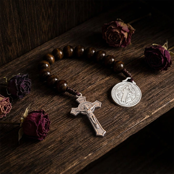 Christianartworkshop Striped Wood Bead Car Hanging With Jesus Crucifix & Holy Figure Medal: Emblem of Roadside Heavenly Safeguard - image 16