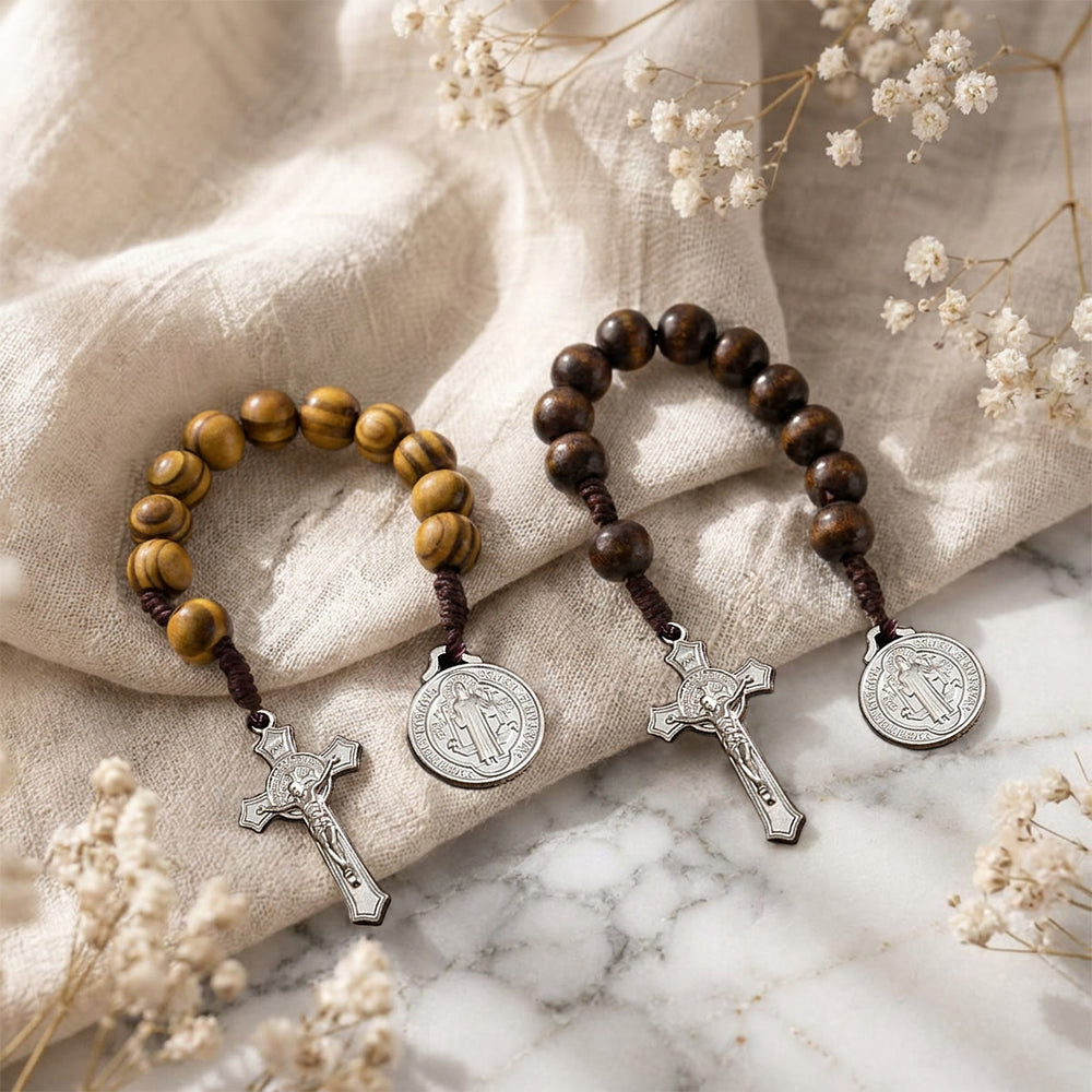 Christianartworkshop Striped Wood Bead Car Hanging With Jesus Crucifix & Holy Figure Medal: Emblem of Roadside Heavenly Safeguard - image 1