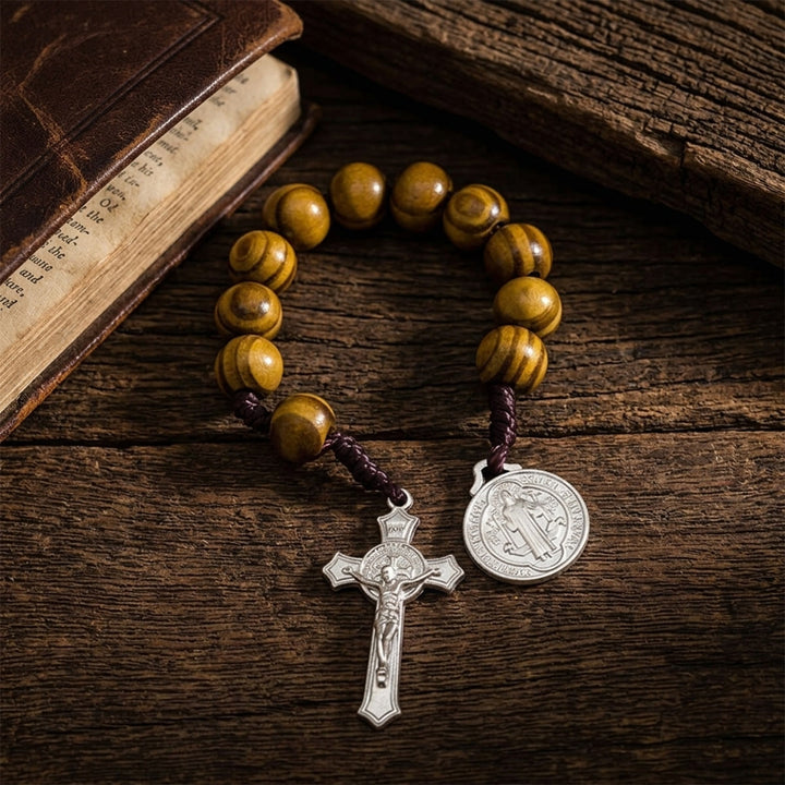 Christianartworkshop Striped Wood Bead Car Hanging With Jesus Crucifix & Holy Figure Medal: Emblem of Roadside Heavenly Safeguard - image 7