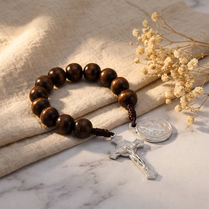 Christianartworkshop Striped Wood Bead Car Hanging With Jesus Crucifix & Holy Figure Medal: Emblem of Roadside Heavenly Safeguard - image 13