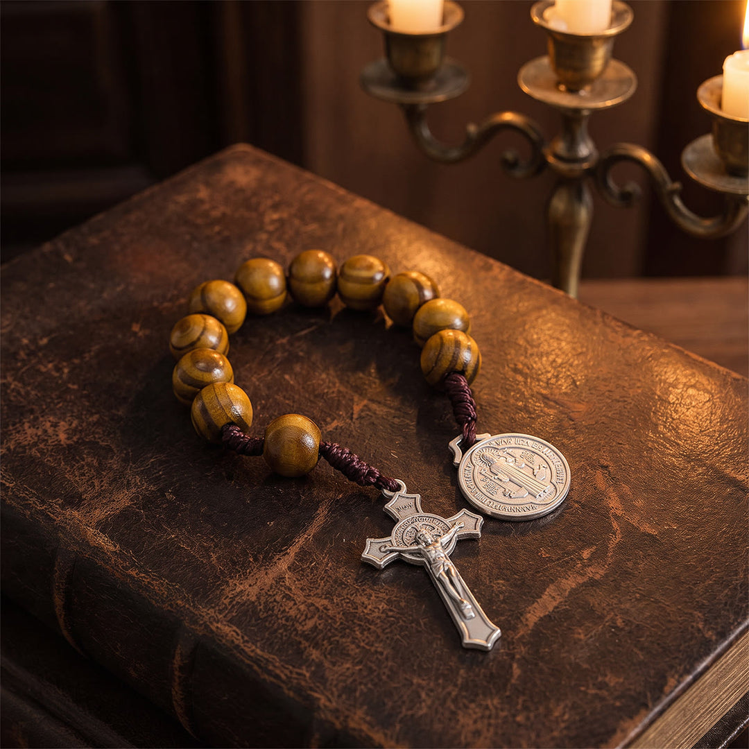 Christianartworkshop Striped Wood Bead Car Hanging With Jesus Crucifix & Holy Figure Medal: Emblem of Roadside Heavenly Safeguard - image 9