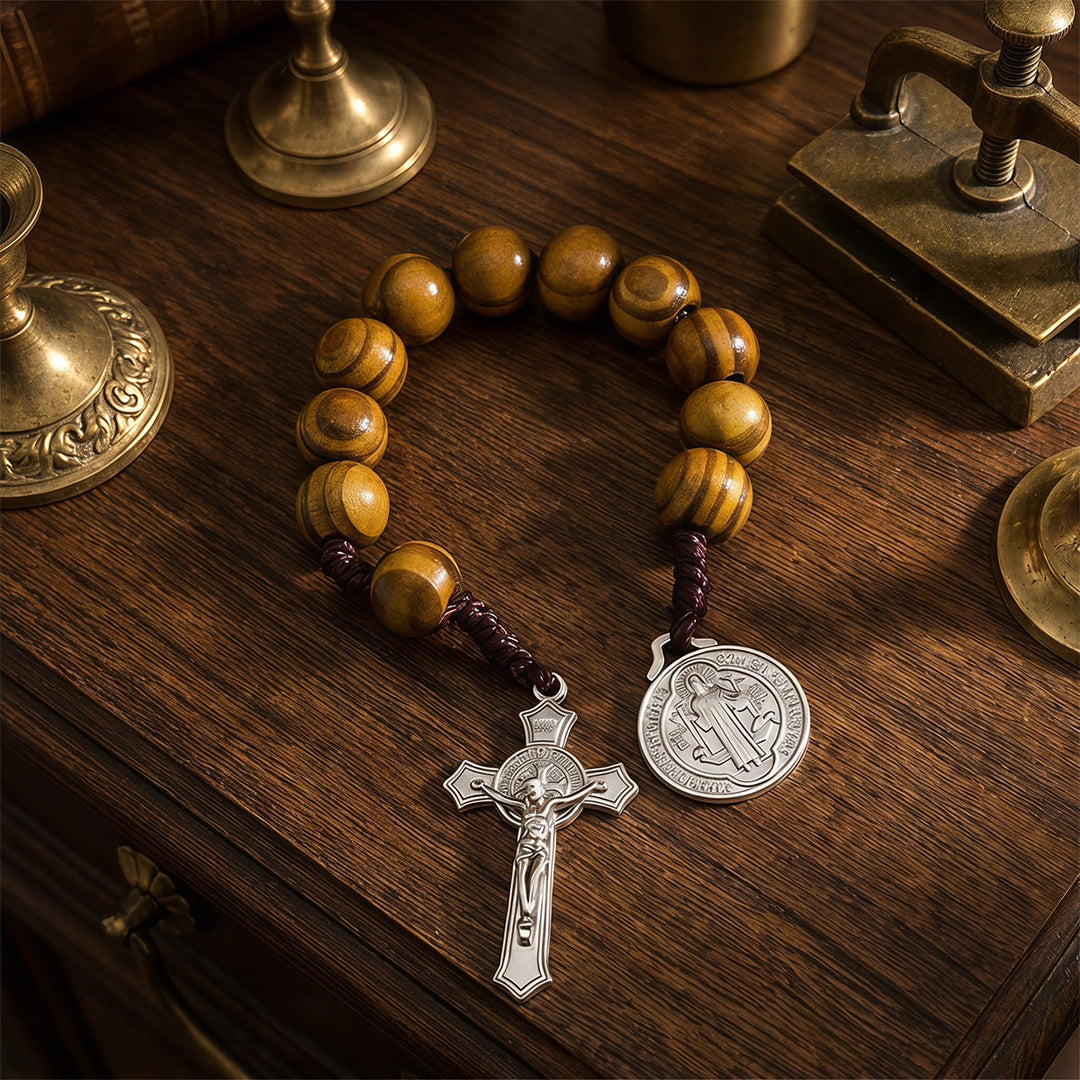 Christianartworkshop Striped Wood Bead Car Hanging With Jesus Crucifix & Holy Figure Medal: Emblem of Roadside Heavenly Safeguard - image 8
