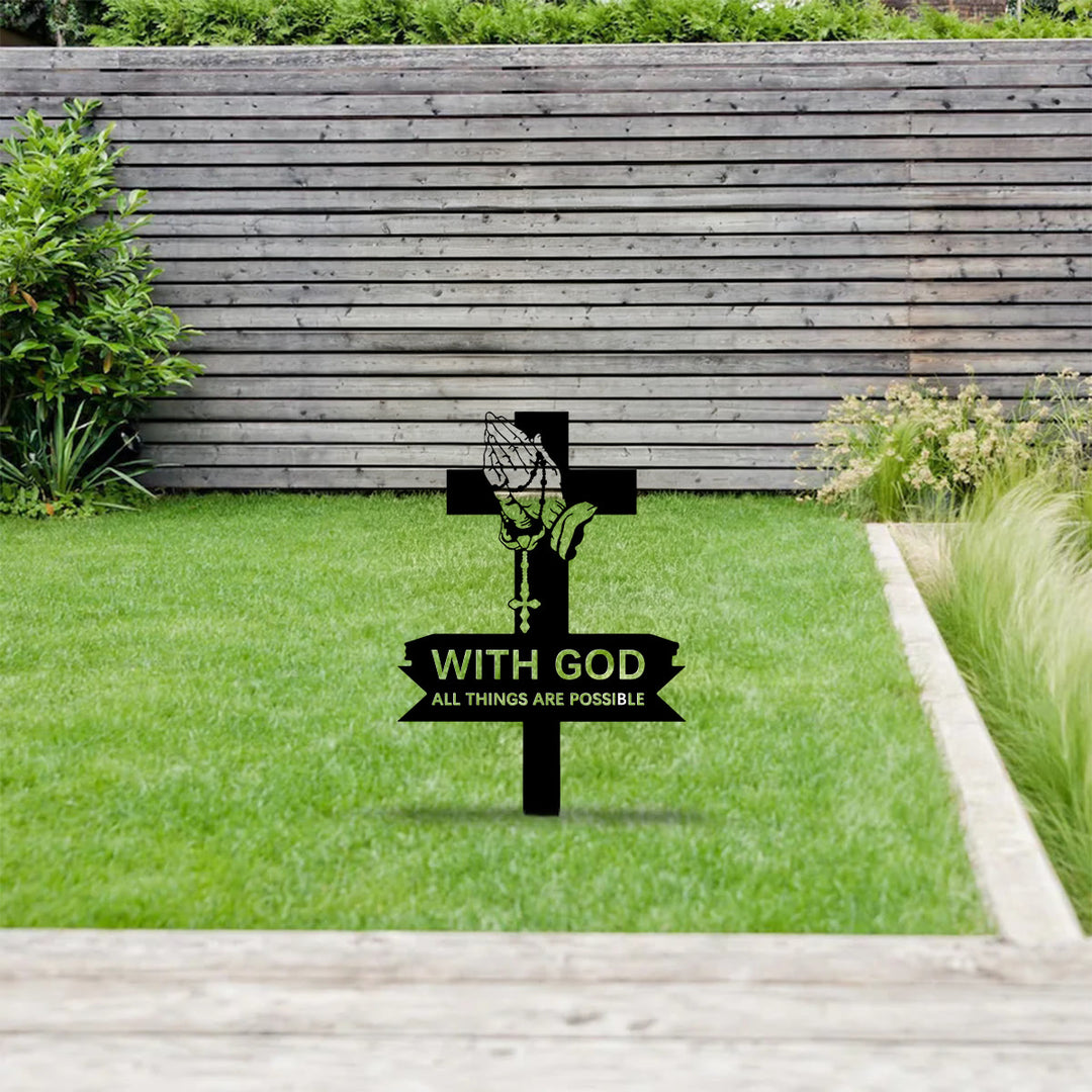Christianartworkshop Cross Praying Hands Metal Lawn Stake With Inspirational Text: Emblem of Unshakable Sacred Conviction - image 0