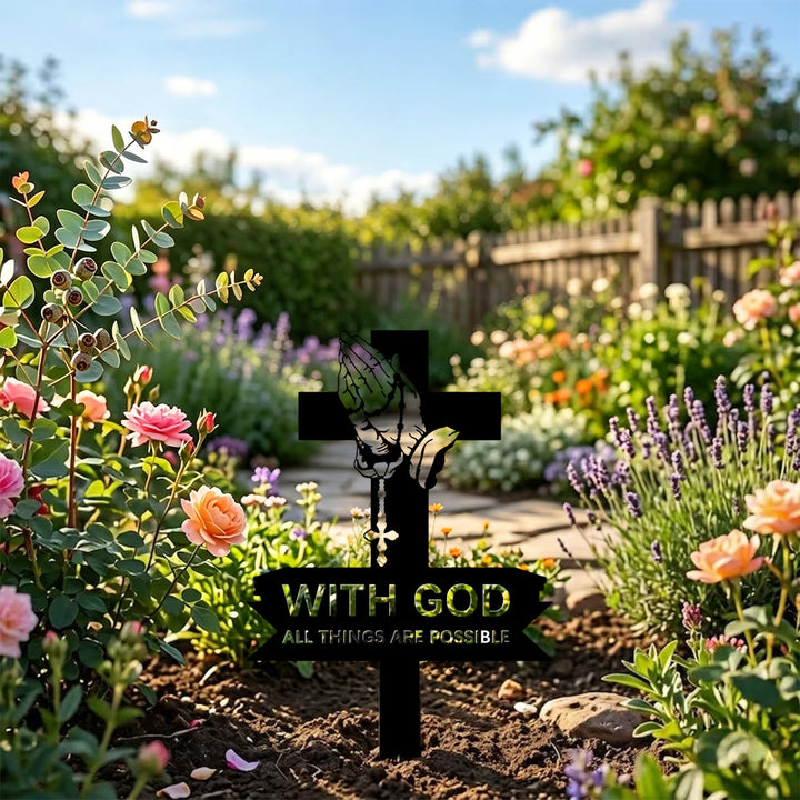 Christianartworkshop Cross Praying Hands Metal Lawn Stake With Inspirational Text: Emblem of Unshakable Sacred Conviction - image 2
