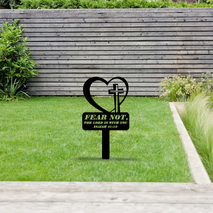 Christianartworkshop Laser Cut Heart Cross Metal Garden Stake With Scripture Verse: Emblem of Comforting Heavenly Courage - image 0