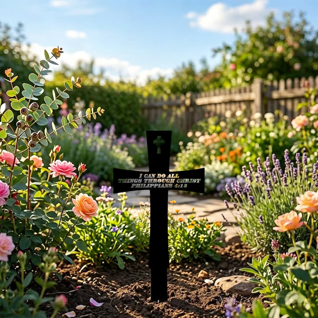 Christianartworkshop Traditional Cross Shape Metal Yard Stake With Uplifting Bible Quote: Token of Steadfast Divine Fortitude - image 0