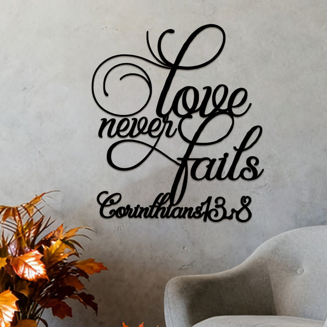 Christianartworkshop Flourish Script Love Never Fails Metal Wall Decoration: Emblem of Eternal Heavenly Affection - image 4