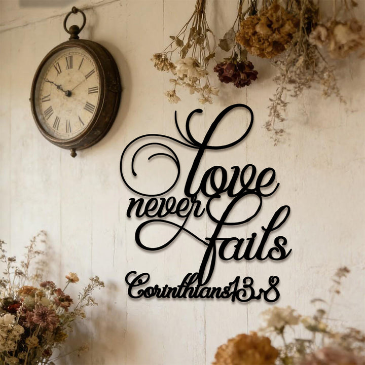 Christianartworkshop Flourish Script Love Never Fails Metal Wall Decoration: Emblem of Eternal Heavenly Affection - image 1