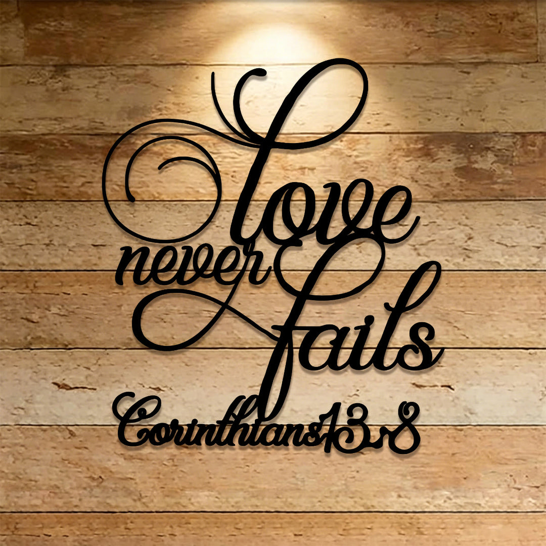 Christianartworkshop Flourish Script Love Never Fails Metal Wall Decoration: Emblem of Eternal Heavenly Affection - image 0