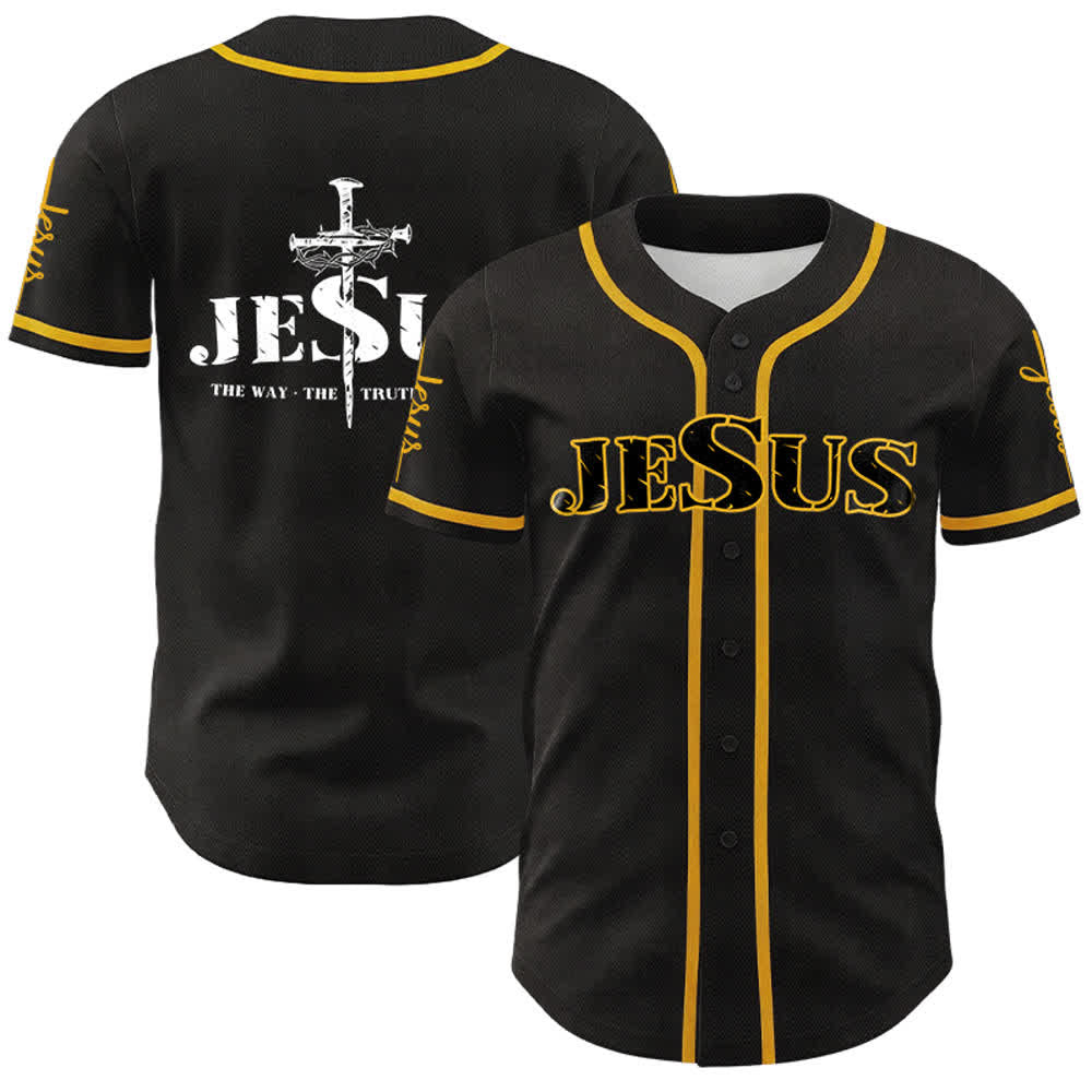 Christianartworkshop Jesus Cross Nail and Crown of Thorns Baseball Jersey - Black Jesus - Golden - 5XL - image 0