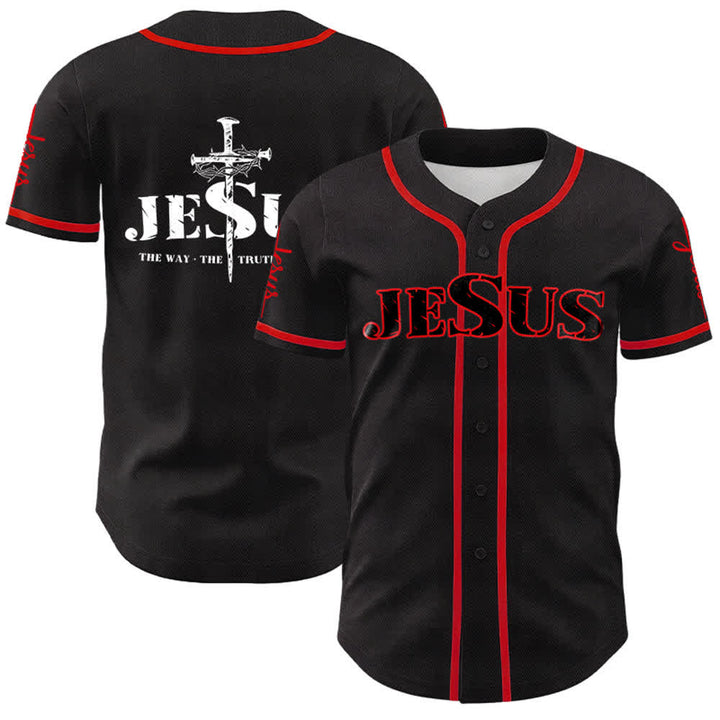 Christianartworkshop Jesus Cross Nail and Crown of Thorns Baseball Jersey - Black Jesus - Red - 5XL - image 11
