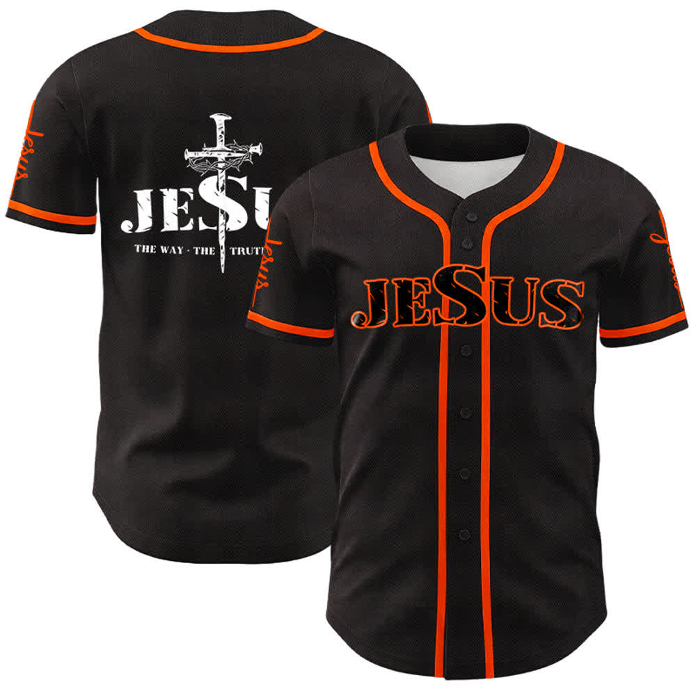 Christianartworkshop Jesus Cross Nail and Crown of Thorns Baseball Jersey - Black Jesus - Orange - 5XL - image 10