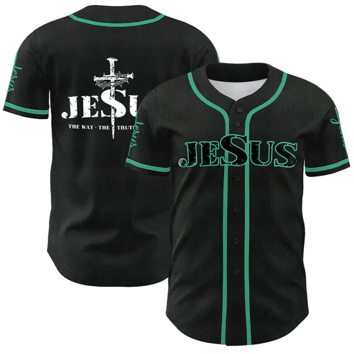 Christianartworkshop Jesus Cross Nail and Crown of Thorns Baseball Jersey - Black Jesus - Lake Blue - 5XL - image 13
