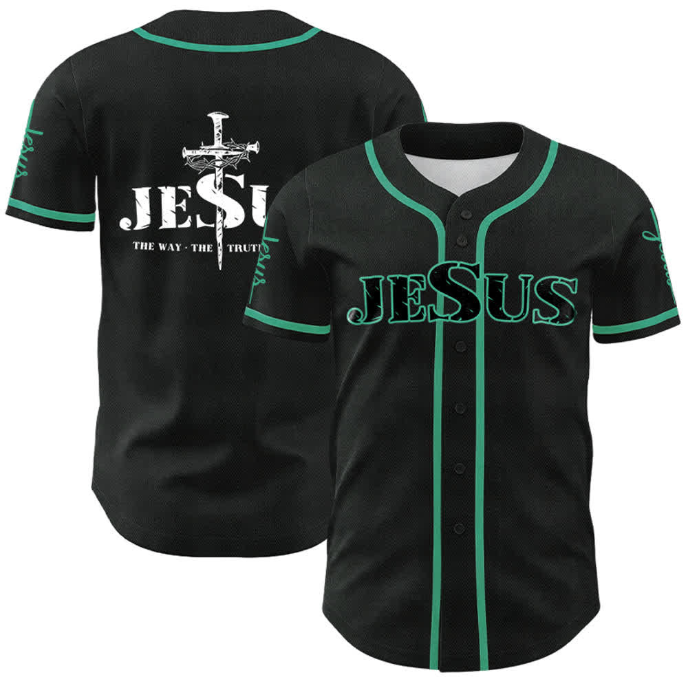 Christianartworkshop Jesus Cross Nail and Crown of Thorns Baseball Jersey - Black Jesus - Lake Blue - 5XL - image 17