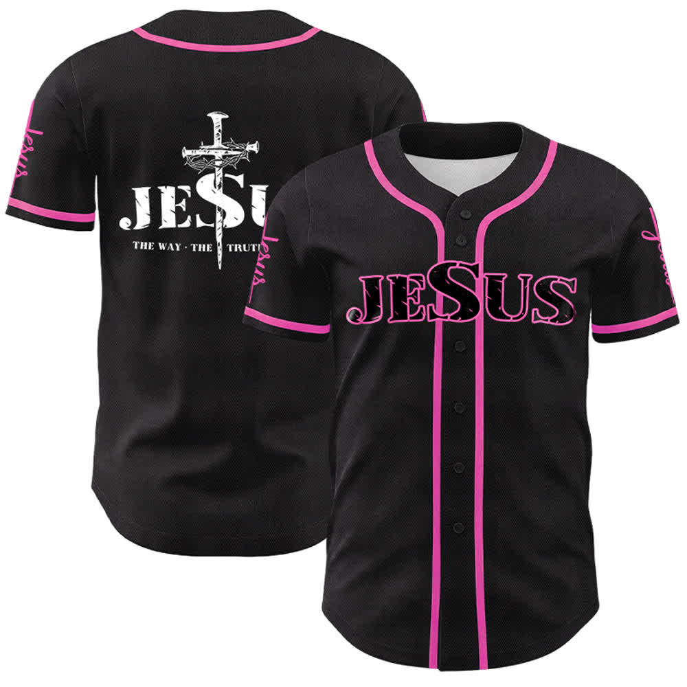 Christianartworkshop Jesus Cross Nail and Crown of Thorns Baseball Jersey - Black Jesus - Pink - 5XL - image 23