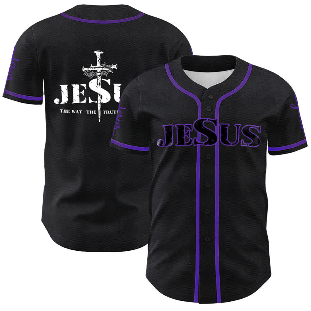 Christianartworkshop Jesus Cross Nail and Crown of Thorns Baseball Jersey - Black Jesus - Purple - 5XL - image 25