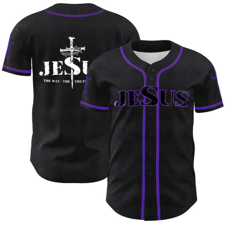 Christianartworkshop Jesus Cross Nail and Crown of Thorns Baseball Jersey - Black Jesus - Purple - 5XL - image 25