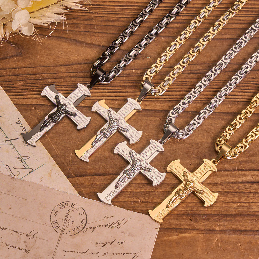 Christianartworkshop Retro Vintage Crucifix Prayer Inscription Necklace: Symbol of Classic Sacred Commemorative Accessory - image 0