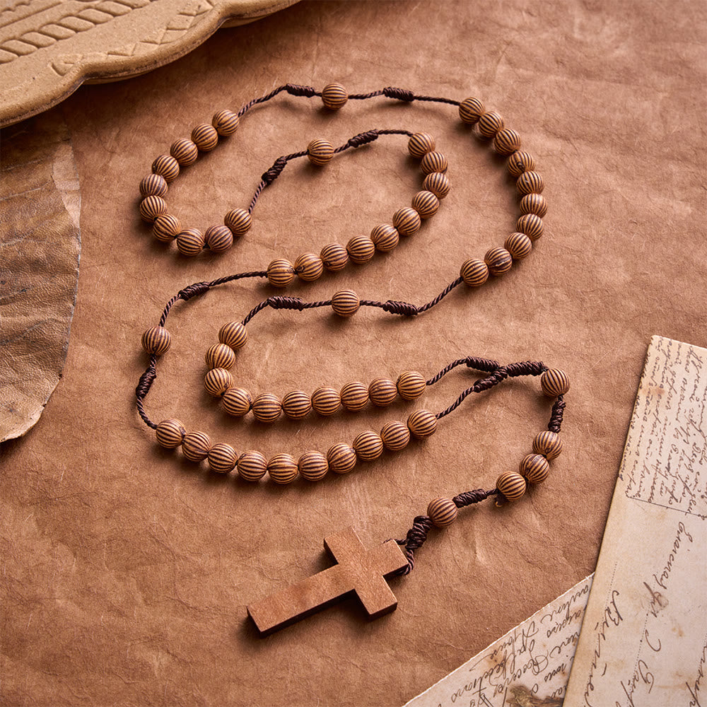 Christianartworkshop Braided Dark Cord Faux Timber Plastic Rosary With Cross Charm: Symbol of Low-Maintenance Devotional Ornament - Cross - image 0
