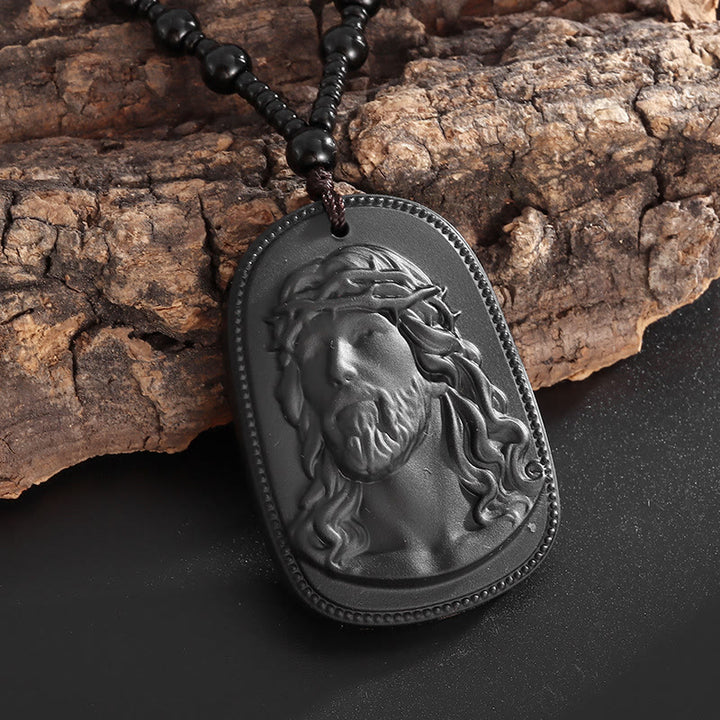 Christianartworkshop Relief‑Molded Holy Portrait Beaded Necklace: Token of Serene Divine Solace for Daily Devotion - Black - Jesus - image 2