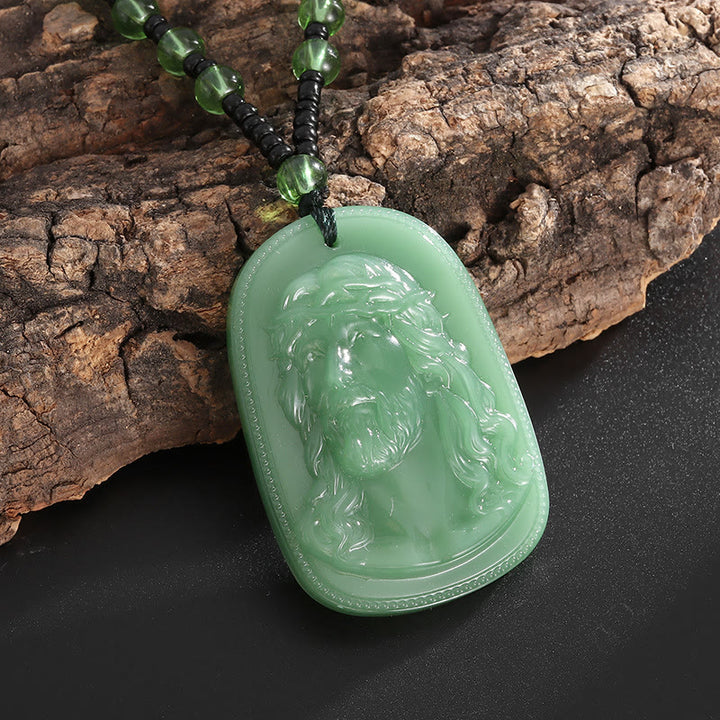Christianartworkshop Relief‑Molded Holy Portrait Beaded Necklace: Token of Serene Divine Solace for Daily Devotion - Green - Jesus - image 3
