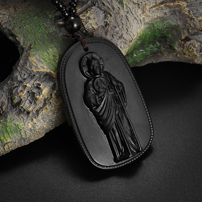 Christianartworkshop Relief‑Molded Holy Portrait Beaded Necklace: Token of Serene Divine Solace for Daily Devotion - Black - St. Jude - image 0
