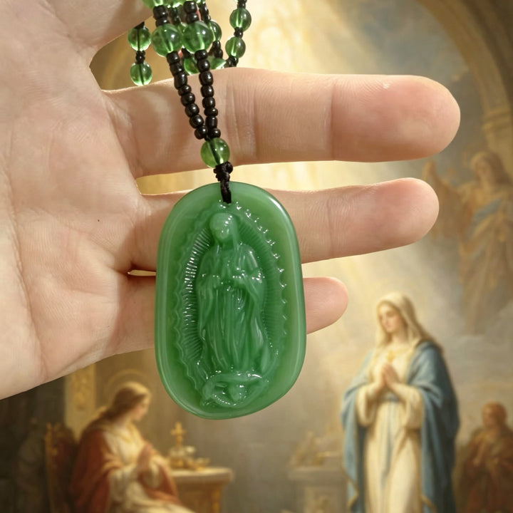 Christianartworkshop Relief‑Molded Holy Portrait Beaded Necklace: Token of Serene Divine Solace for Daily Devotion - Green - Our Lady - image 5