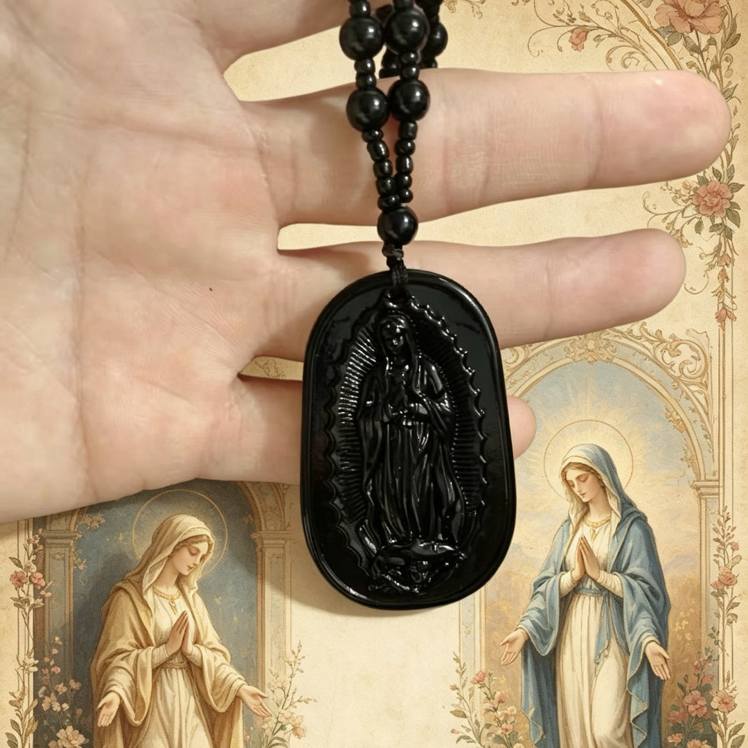 Christianartworkshop Relief‑Molded Holy Portrait Beaded Necklace: Token of Serene Divine Solace for Daily Devotion - Black - Our Lady - image 4