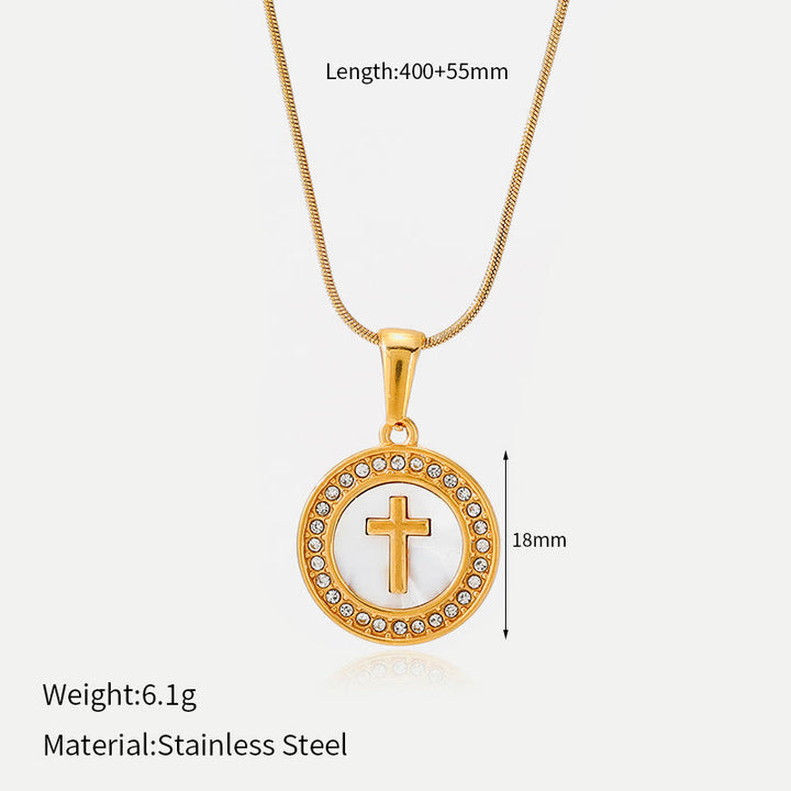 FREE Today: Sparkling Rhinestone‑Encircled Round Cross Medallion Necklace: Emblem of Abiding Heavenly Shelter - White Shell - image 9