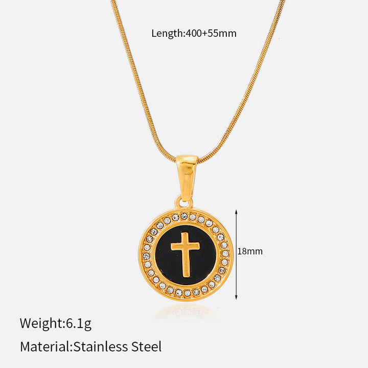 Christianartworkshop Sparkling Rhinestone‑Encircled Round Cross Medallion Necklace: Emblem of Abiding Heavenly Shelter - Black - image 6