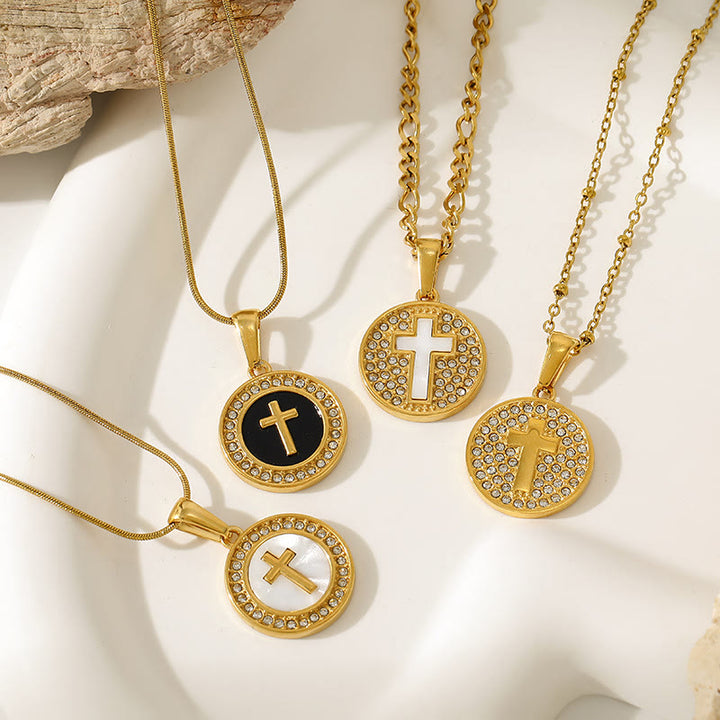 Christianartworkshop Sparkling Rhinestone‑Encircled Round Cross Medallion Necklace: Emblem of Abiding Heavenly Shelter - image 4