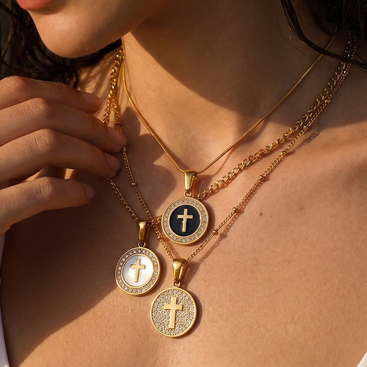 FREE Today: Sparkling Rhinestone‑Encircled Round Cross Medallion Necklace: Emblem of Abiding Heavenly Shelter - image 1