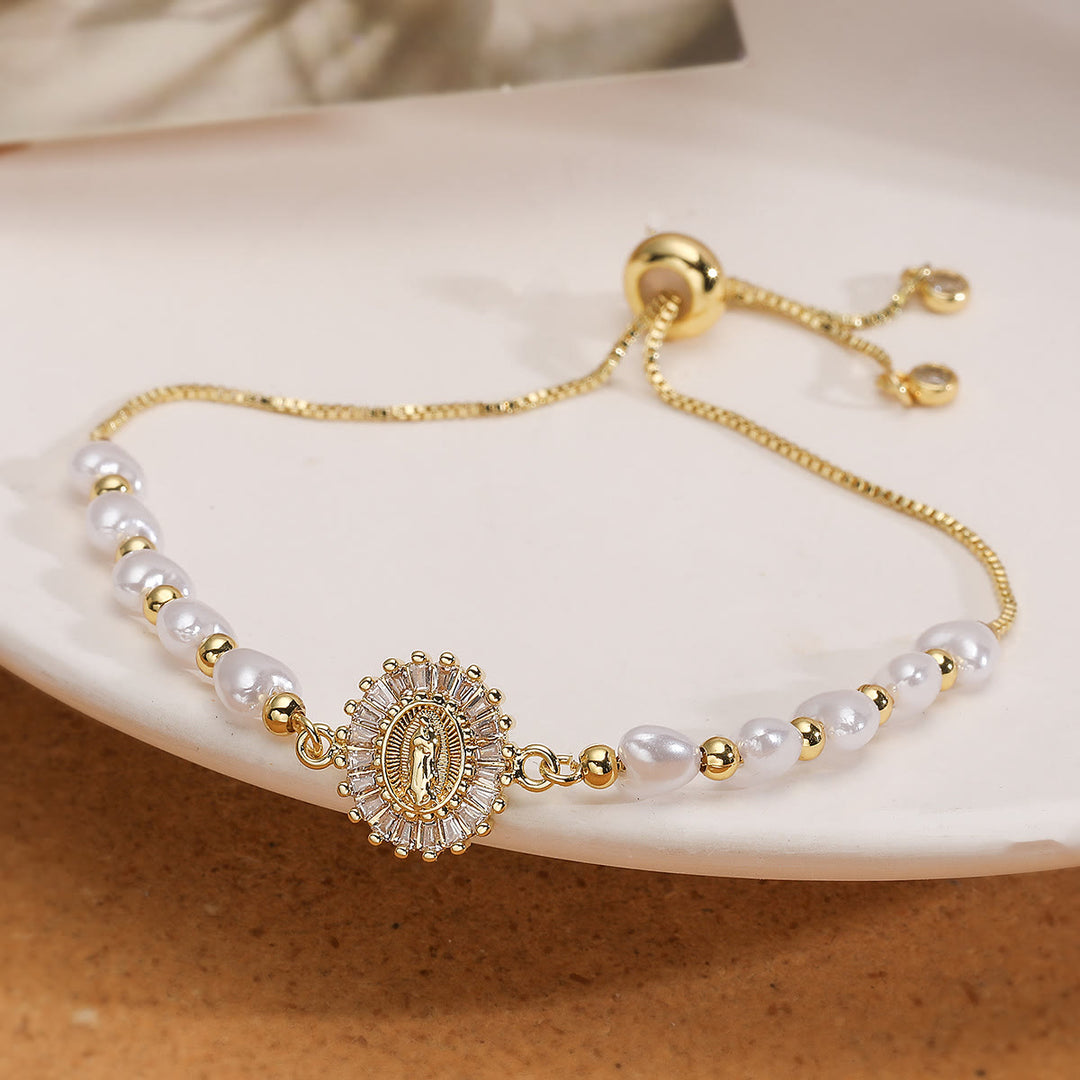 Christianartworkshop Refined Multi‑Style Holy‑Medallion Pearl Bracelet: Icon of Quiet Spiritual Strength for Everyday Wear - Round floral wreath border - image 4