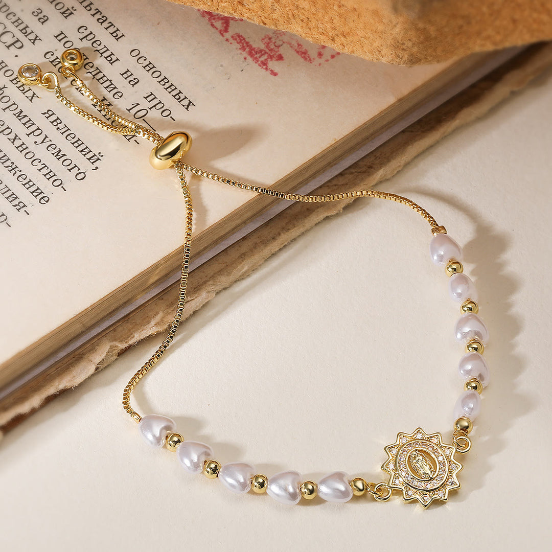 Christianartworkshop Refined Multi‑Style Holy‑Medallion Pearl Bracelet: Icon of Quiet Spiritual Strength for Everyday Wear - Sun‑ray star‑shaped - image 3