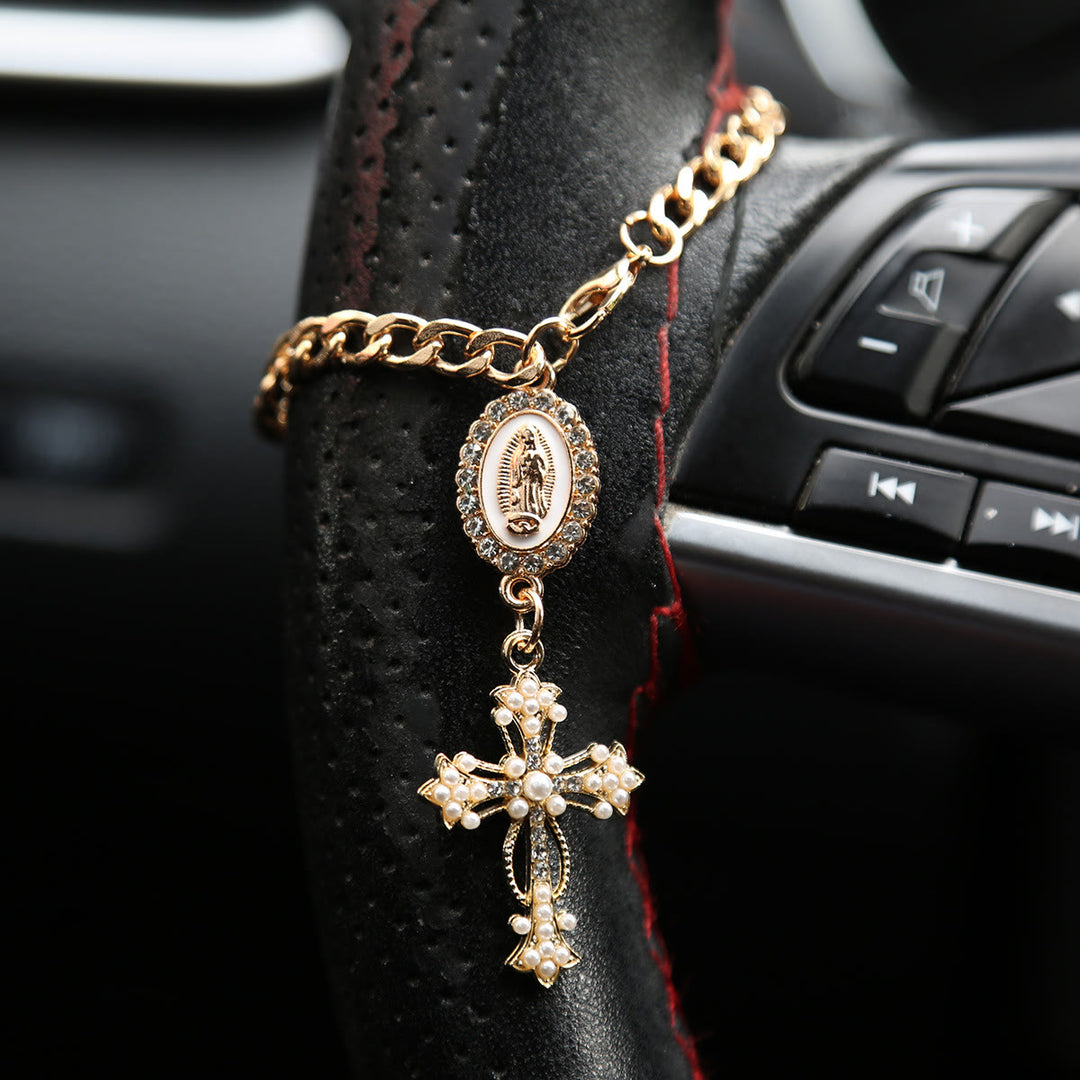Christianartworkshop Rhinestone‑Framed Our Lady Medallion Car Hanging Ornament: Token of Gentle Heavenly Guidance for Road Travel - A - White - image 0