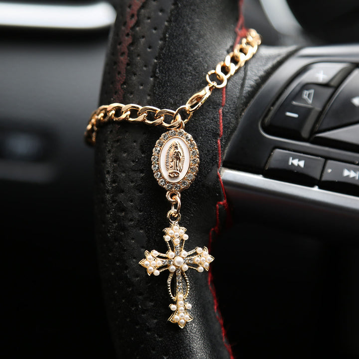 Christianartworkshop Rhinestone‑Framed Our Lady Medallion Car Hanging Ornament: Token of Gentle Heavenly Guidance for Road Travel - A - White - image 0