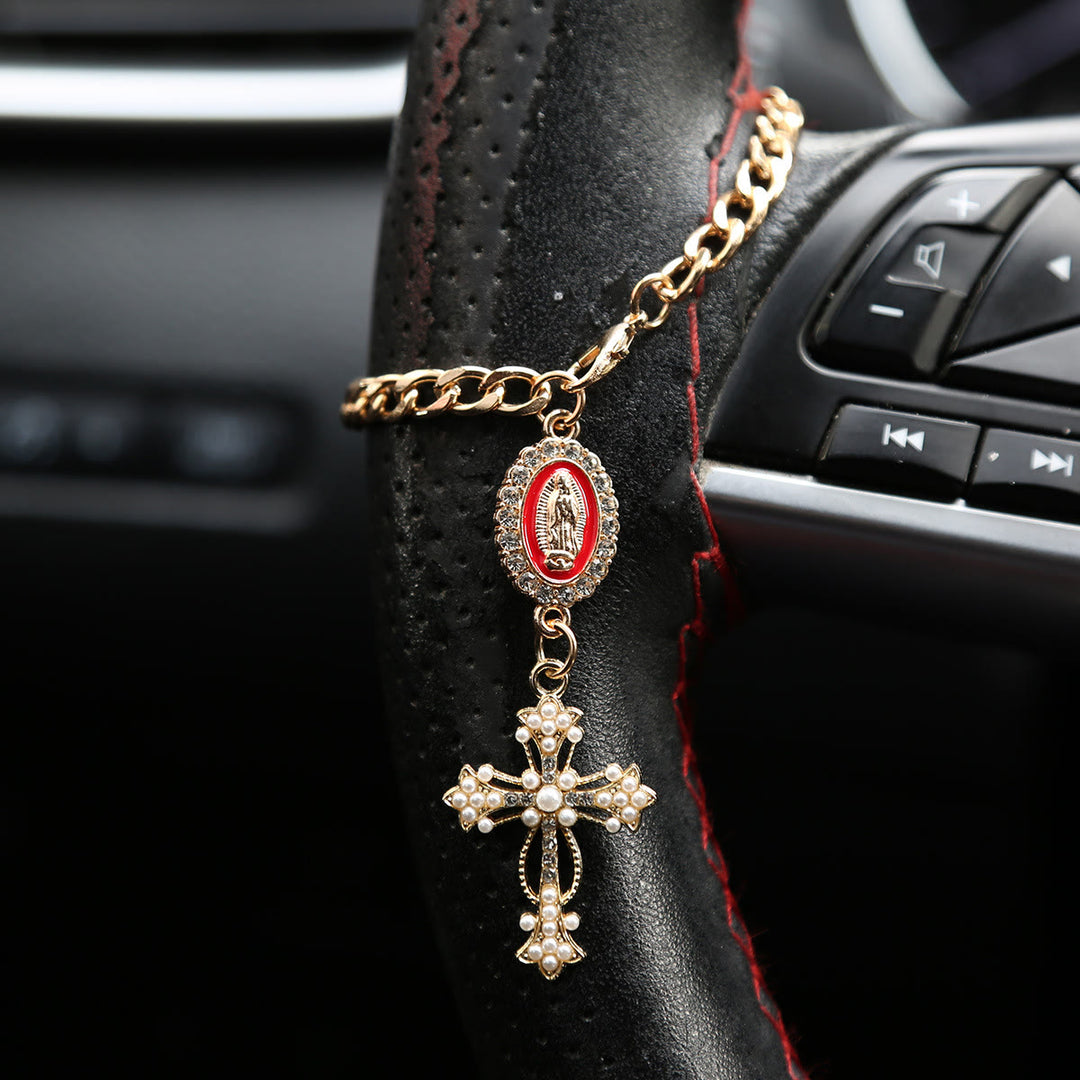Christianartworkshop Rhinestone‑Framed Our Lady Medallion Car Hanging Ornament: Token of Gentle Heavenly Guidance for Road Travel - A - Red - image 1