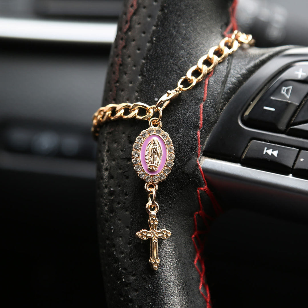 Christianartworkshop Rhinestone‑Framed Our Lady Medallion Car Hanging Ornament: Token of Gentle Heavenly Guidance for Road Travel - B - Purple - image 7