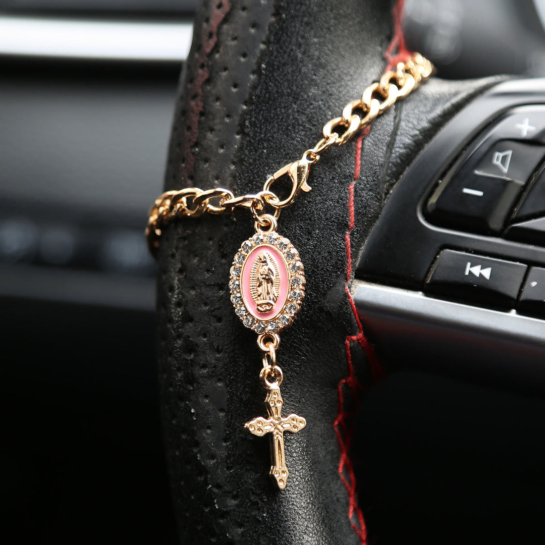 Christianartworkshop Rhinestone‑Framed Our Lady Medallion Car Hanging Ornament: Token of Gentle Heavenly Guidance for Road Travel - B - Pink - image 6
