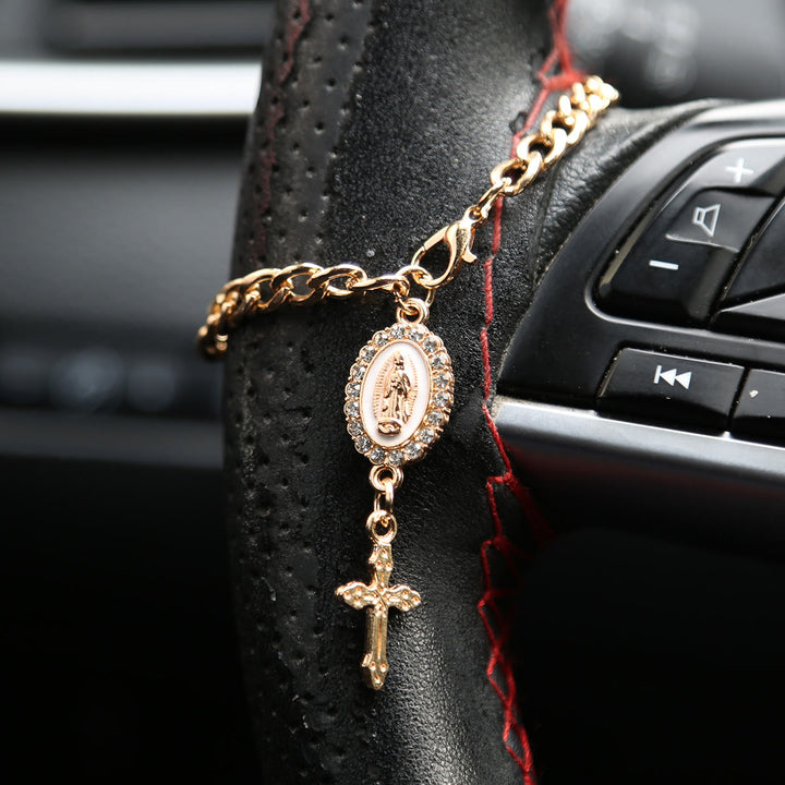 Christianartworkshop Rhinestone‑Framed Our Lady Medallion Car Hanging Ornament: Token of Gentle Heavenly Guidance for Road Travel - B - White - image 4
