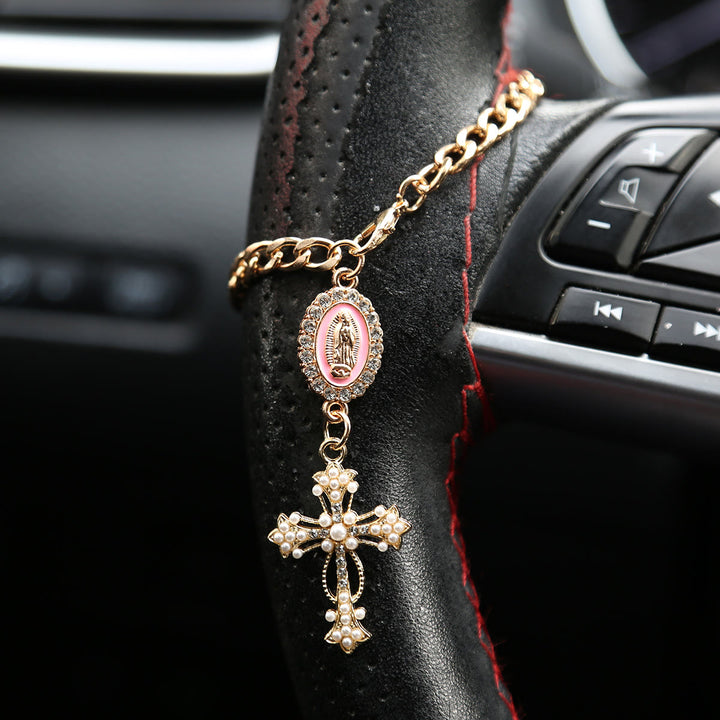 Christianartworkshop Rhinestone‑Framed Our Lady Medallion Car Hanging Ornament: Token of Gentle Heavenly Guidance for Road Travel - A - Pink - image 2