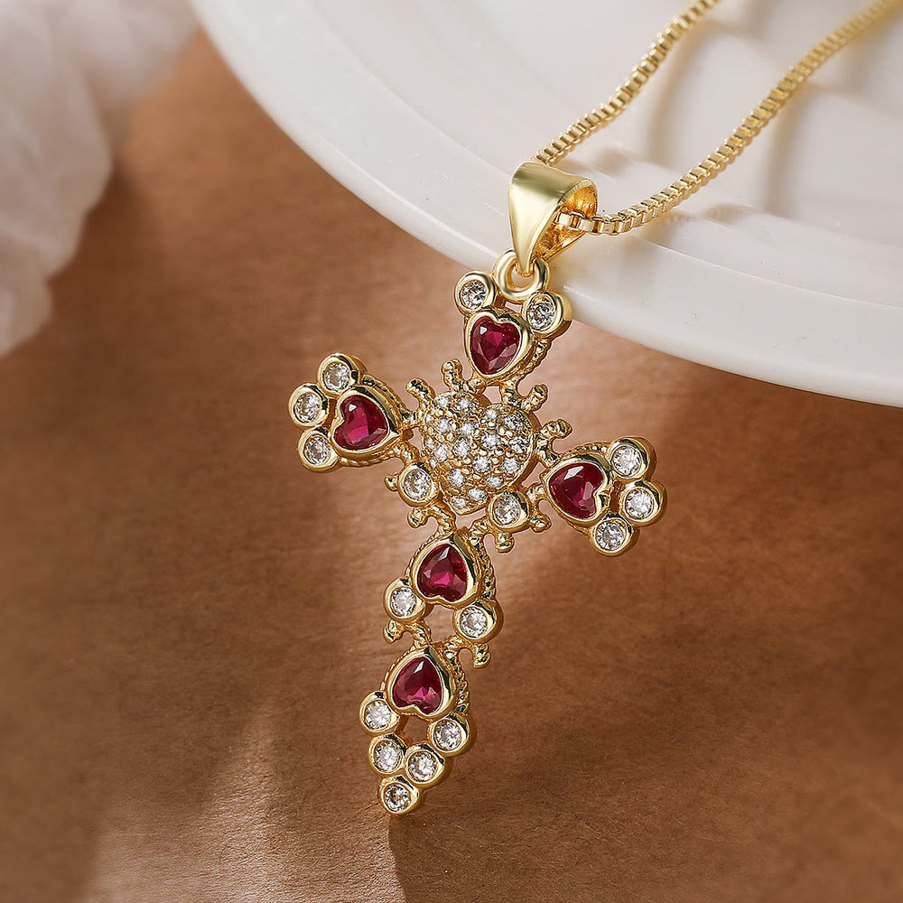 Christianartworkshop Heart‑Gem Ornate Cross Pendant Necklace: Emblem of Tender Heavenly Devotion - Red - image 1