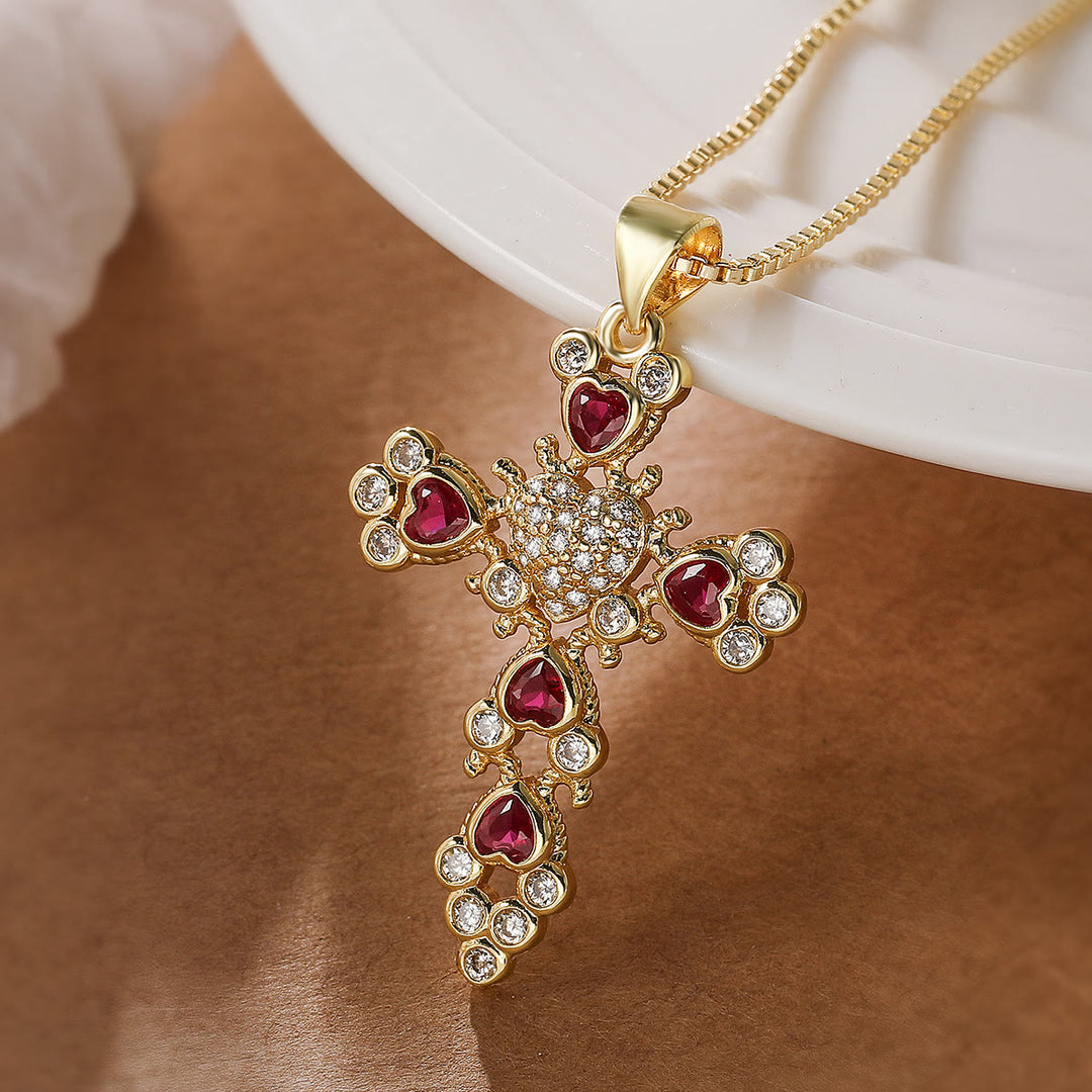 Christianartworkshop Heart‑Gem Ornate Cross Pendant Necklace: Emblem of Tender Heavenly Devotion - Red - image 1