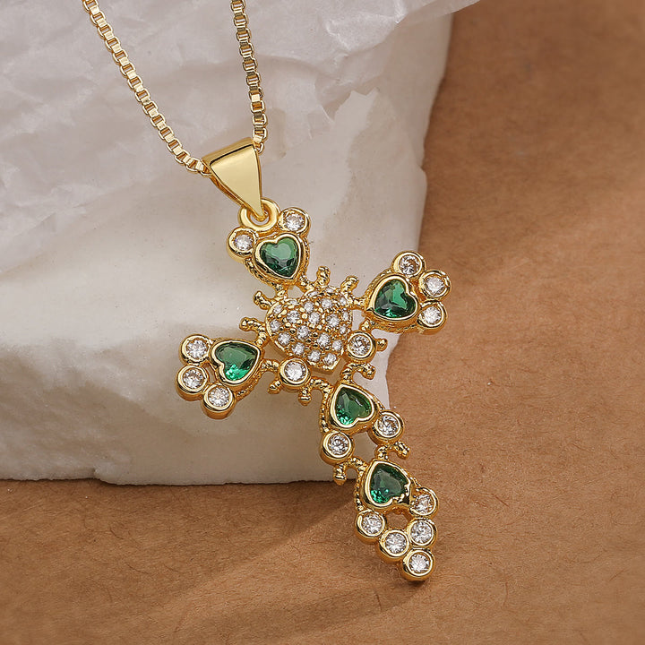 Christianartworkshop Heart‑Gem Ornate Cross Pendant Necklace: Emblem of Tender Heavenly Devotion - Green - image 4