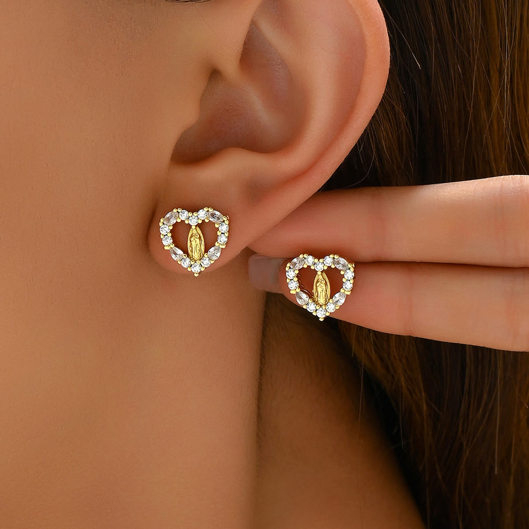 Christianartworkshop Sparkling Halo Heart Our Lady of Guadalupe Stud Earrings: Celestial Emblem of Maternal Grace - Silver - image 0