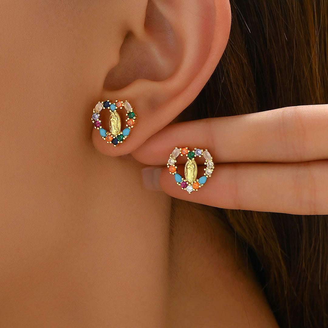 Christianartworkshop Sparkling Halo Heart Our Lady of Guadalupe Stud Earrings: Celestial Emblem of Maternal Grace - Multicolor - image 4