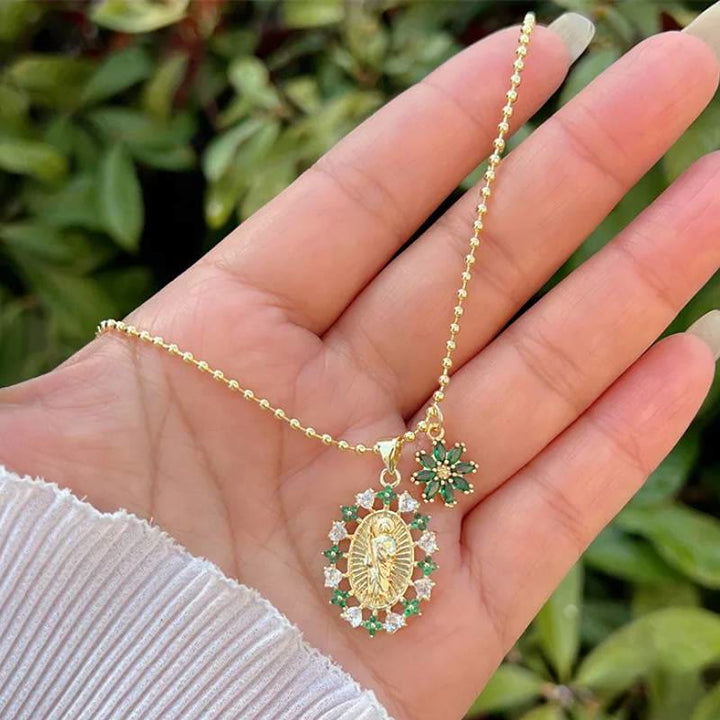 Christianartworkshop Dual-Pendant Our Lady of Guadalupe Necklace with Floral Medallion: Emblem of Celestial Maternal Grace - Green - image 4