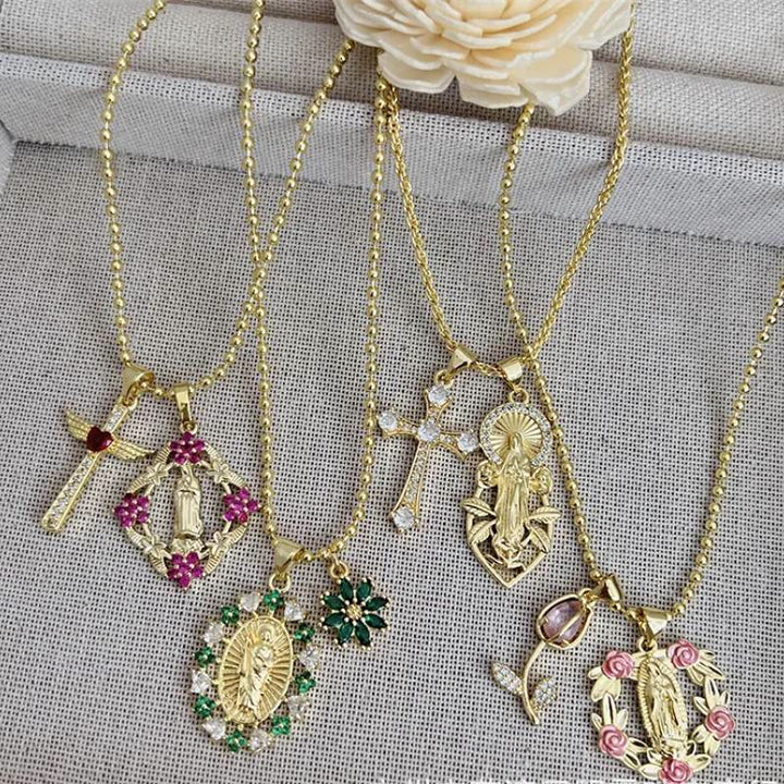 Christianartworkshop Dual-Pendant Our Lady of Guadalupe Necklace with Floral Medallion: Emblem of Celestial Maternal Grace - image 2
