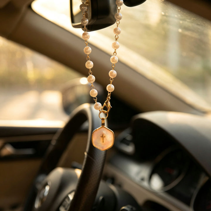 Christianartworkshop Pearl Strand Rearview Mirror Cross Car Pendant: Emblem of Heavenly Travel Protection - image 2